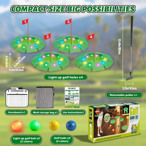 Vista 7 de Juego de golf iluminado VATOS - Mini juguete de golf con brillo con 4 agujeros LED, 4 bolas (2 brillantes), putter extensible, construye tu propio