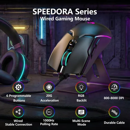 Vista 2 de Ratón para juegos con cable SPEEDORA, ratones ópticos ergonómicos de 8000 DPI con 12 modos de retroiluminación RGB, 6 botones programables, software
