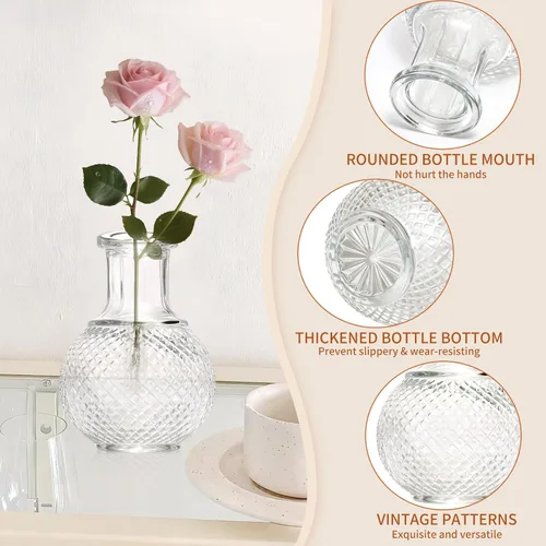 Vista 3 de KJHL Juego de 4 jarrones pequeños de cristal para flores, jarrones de flores pequeños transparentes vintage para centros de mesa de boda, mini