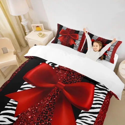 Vista 3 de Juego de funda de edredón para niños, tamaño individual, diseño de cebra y leopardo con purpurina, decoración de habitación para niñas y mujeres