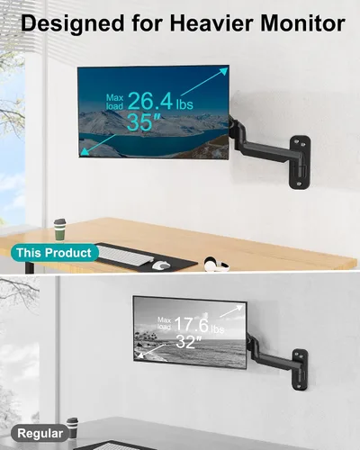 Vista 8 de MOUNT PRO Soporte de pared para monitor para pantallas curvadas planas de 35 pulgadas/26.4 libras, brazo de monitor único de alta resistencia