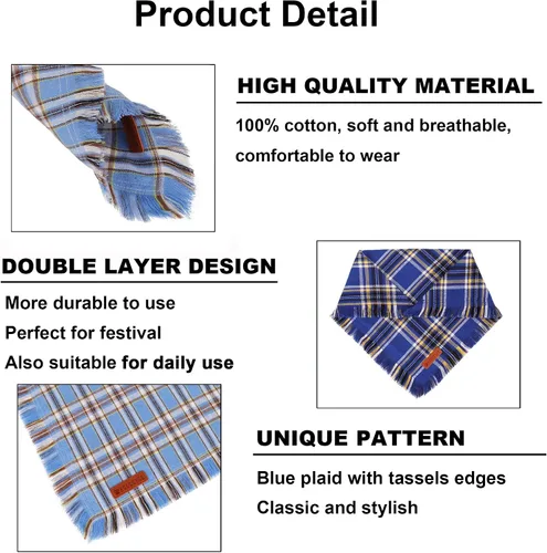 Vista 6 de ADOGGYGO Bandanas para Perros Macho con Bordes de Borlas, Elegante Bufanda a Cuadros Azul para Mascotas, Tela de Algodón Suave, Bandanas Reversibles