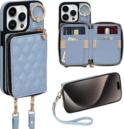 Vista 58 de Funda para iPhone 12 Pro/iPhone 12 de 6.1 pulgadas, cartera cruzada con cremallera para mujer, tarjetero con bloqueo RFID, funda de cuero con Negro