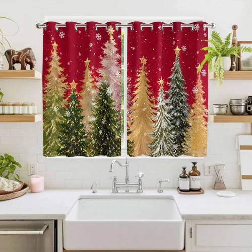 Vista 26 de Libaoge Cortinas de Navidad para cocina, dormitorio, juego de 2 paneles, diseño de muñeco de nieve de Navidad, cortinas de invierno con copos