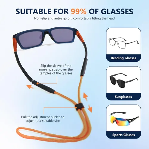 Vista 5 de 80Days Correa ajustable para gafas: Retenedor de nylon para gafas y gafas de sol con agarres de silicona, ajuste seguro