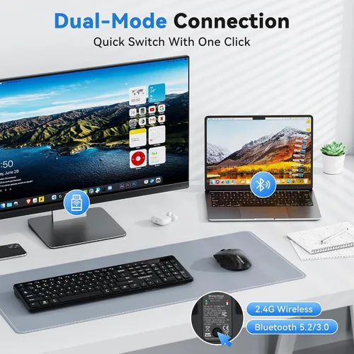 Vista 2 de TECKNET Ratón inalámbrico para computadora portátil, ratón inalámbrico Bluetooth de modo dual (BT5.2/3.0 y 2.4G), diseño ergonómico, DPI de 5