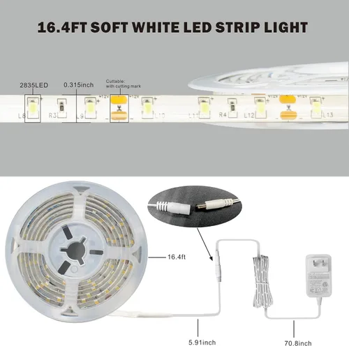 Vista 7 de Tira de luces LED de color blanco cálido de 16.4 pies, 300 LED de color blanco suave, 3000 K, impermeable, para dormitorio, armarios de cocina, sala