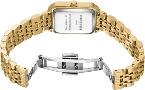 Vista 5 de GOLDEN HOUR Reloj rectangular de cuarzo para mujer, correa de acero inoxidable en tono dorado