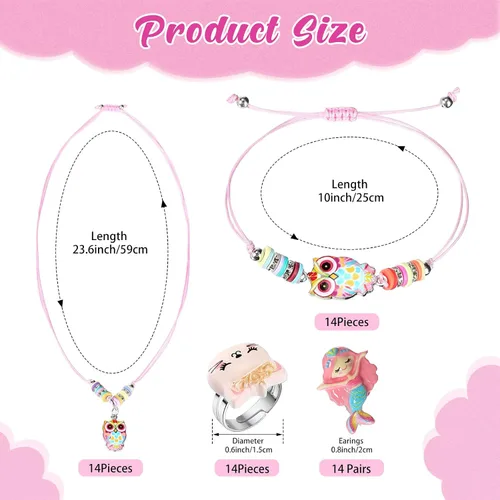 Vista 2 de Juego de 70 piezas de joyería para niños, pulseras ajustables de la amistad de sirena, unicornio, collares, anillos, aretes, colgante tejido
