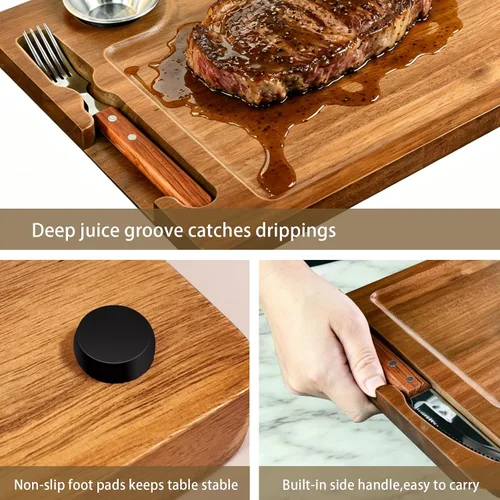 Vista 2 de MAVOTER Tabla de Bistec de Madera de Acacia - Plato de Bistec Tabla de Cortar con Tenedor, Cuchillo y Ramequines Tabla de Servir de Madera