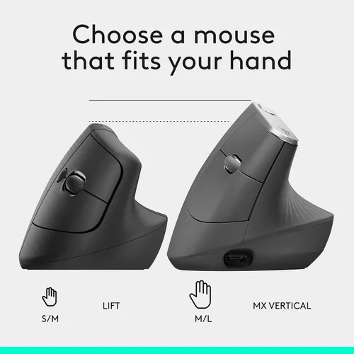 Vista 9 de Logitech Lift - Mouse ergonómico vertical, inalámbrico, Bluetooth o receptor USB, clics silenciosos, 4 botones, mouse inalámbrico para mano derecha