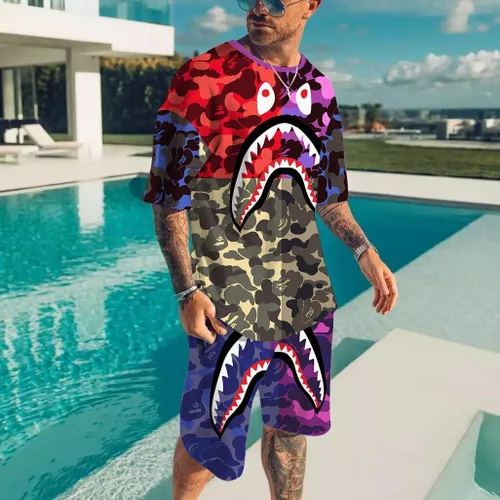Vista 2 de Camisa y pantalones de camuflaje de tiburón y pantalones de boca grande, pantalones de playa, traje de baño para hombres y mujeres