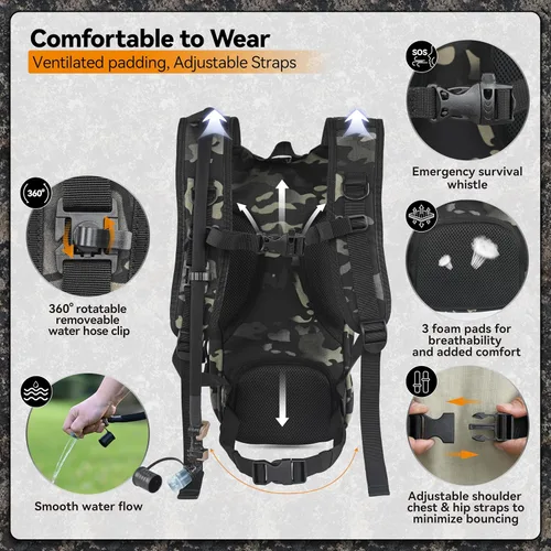 Vista 4 de MARCHWAY Mochila de Hidratación Táctica Molle con Vejiga de Agua de TPU de 2.5L, Mochila Militar Organizada de Perfil Bajo para Senderismo, Camo