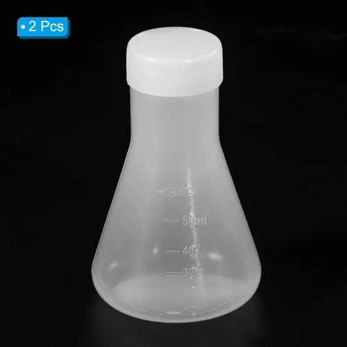 Vista 3 de PATIKIL Erlenmeyer - Frasco de plástico de 1.7 fl oz con tapas de rosca, paquete de 2 frascos cónicos de boca estrecha para laboratorio, transparente