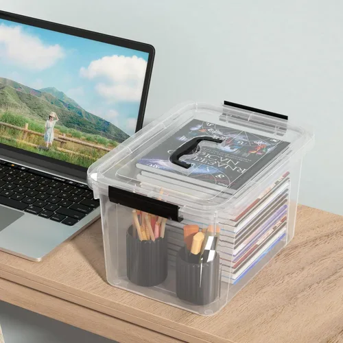 Vista 7 de Quickquick - Contenedor de plástico transparente de 12 cuartos de galón con asa, 4 paquetes Contenedores organizadores de plástico con tapas