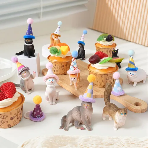 Vista 4 de 20 piezas de figuritas de gato en miniatura con kit de sombreros de cumpleaños, figuritas de gato pequeñas de resina, decoraciones para pasteles