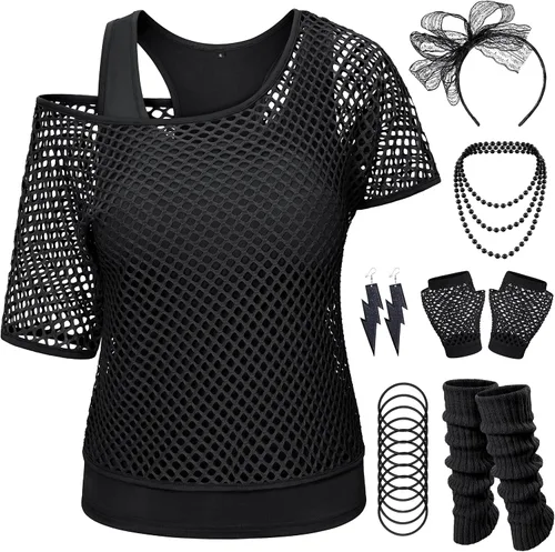 Vista 2 de Yuriko Disfraz de fiesta de los años 80 para mujer, camiseta de neón con hombros descubiertos, dos piezas con accesorios de disfraces de los años 80