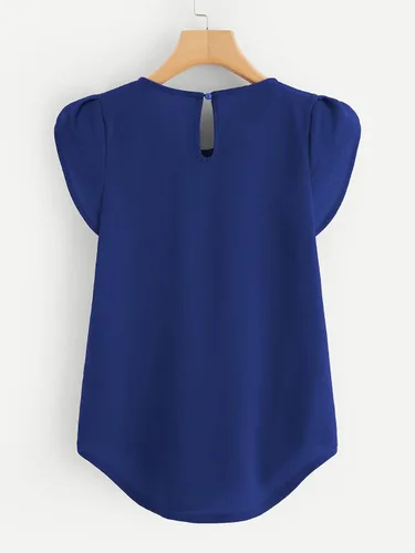 Vista 2 de Milumia Blusa de cuello redondo plisado para mujer, estilo casual y básico, con manga casquillo y abertura de cerradura en la espalda