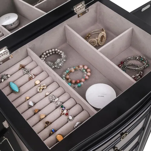 Vista 9 de Elegante armario de almacenamiento de joyas con espejo, 7 cajones y 24 ganchos para collares, organizador de joyas colgante y caja de joyería grande