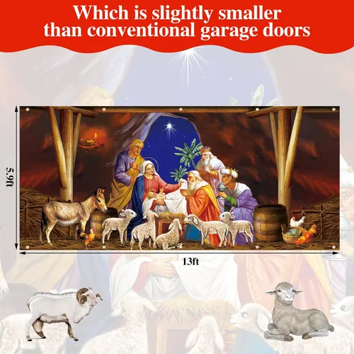 Vista 4 de Cubierta para puerta de cochera de Navidad Wesiti 6 x 13 pies, cartel religioso de Jesús, Feliz Navidad, para puerta de cochera, fondo de escena