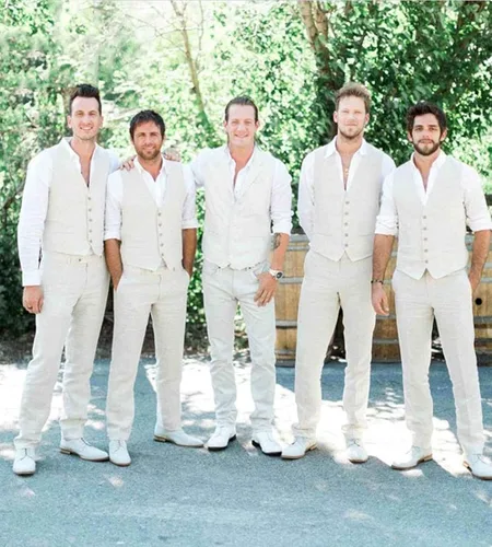 Vista 7 de Trajes de boda de lino para hombre, ajuste delgado, 2 piezas, traje de novio, vestido de fiesta de graduación, esmoquin, chaleco, pantalones