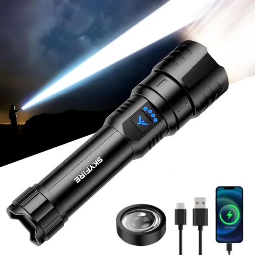 Vista 12 de SKYFIRE Linternas LED de alto lúmenes con lente de encendido, linterna recargable súper brillante de 3000 lm, 4 modos de zoom, luz táctica Linterna