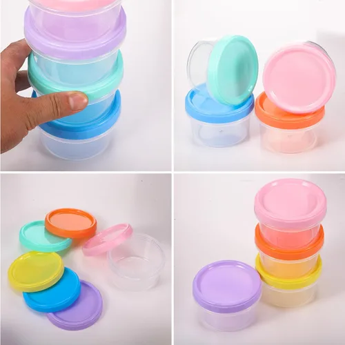 Vista 4 de Ziliny Recipientes de plástico reutilizables de 7 onzas con tapas, tarros de almacenamiento de alimentos, contenedores apilables multicolores