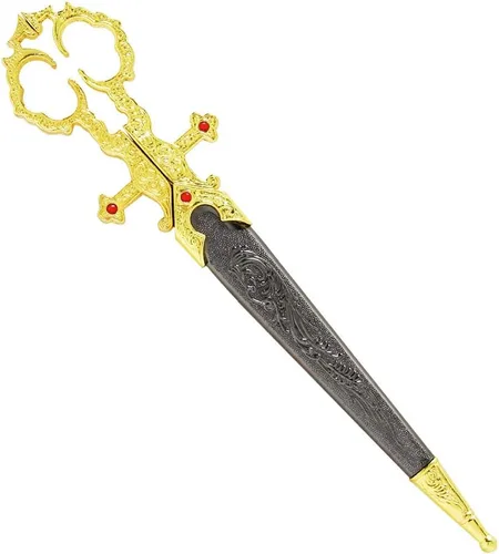 Vista 2 de Fantasy Edge - Cuchillo de tijera medieval renacentista de 10 1/4 pulgadas, mango dorado con funda de aluminio, hoja de acero inoxidable