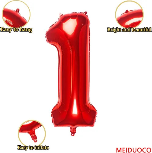 Vista 2 de Globos rojos de 32 pulgadas con el número 1 de aluminio para decoración de fiesta de cumpleaños (globo rojo número 1)
