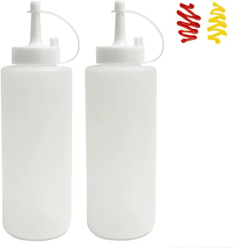 Vista 3 de Paquete de 2 botellas de plástico transparente de 12 onzas, condimento, salsa de tomate, aceite de mostaza, sal de mayonesa