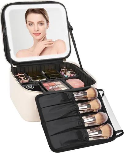 Vista 19 de Relavel Estuche de maquillaje con espejo LED, 01-Negro, Bolsa de maquillaje de viaje con espejo LED para niñas Compact Cosmetic Makeup Organizer
