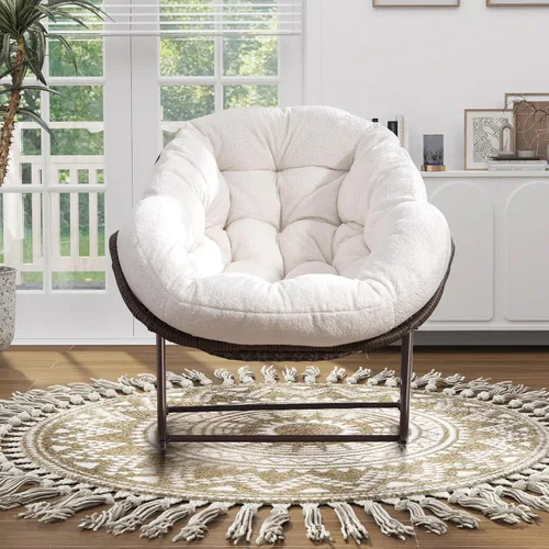 Vista 17 de Mecedora para patio al aire libre, silla mecedora de huevos de ratán para interiores, cómoda silla Papasan de gran tamaño con cojín más grueso