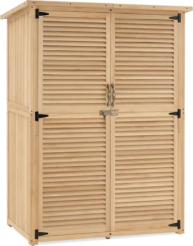 Vista 9 de MCombo Gabinete de Almacenamiento Exterior, Cobertizo de Almacenamiento de Madera con Pestillo, Cobertizo de Herramientas de Jardín Exterior con 2