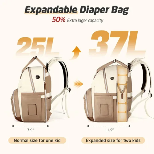 Vista 2 de Mochila para pañales extra grande para 2 niños gemelos, bolsas de viaje para bebé para mamá y papá, 25-37L, expandible, con cambiador, orificio