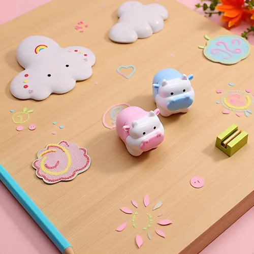 Vista 2 de 1 sacapuntas de color aleatorio con diseño de ganado, buey kawaii, sacapuntas de lápices para niñas, artículos de papelería, suministros de oficina