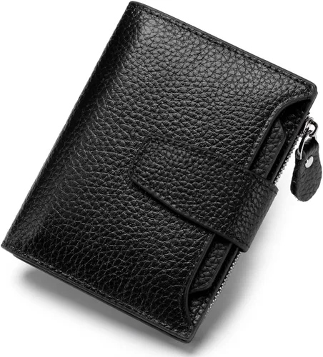 Vista 14 de Cartera de piel plegable con bloqueo RFID para mujer, tarjetero compacto con bolsillo con cremallera para monedas y 4 ventanas de identificación