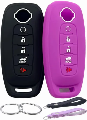 Vista 6 de REPROTECTING Funda de goma de silicona para llavero compatible con Nissan Pathfinder Rogue (5 botones, rosa rosa)