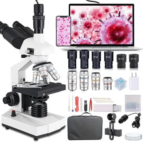 Vista 9 de Microscopio Trinocular Compuesto, aumento 40X-5000X, microscopio profesional de grado de investigación con cámara USB y plataforma mecánica