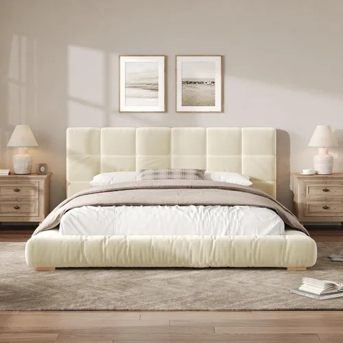 Vista 3 de Base de cama tapizada de terciopelo con cabecera capitoné de canal, cama de perfil bajo tamaño Queen con soporte de listones resistente, no necesita