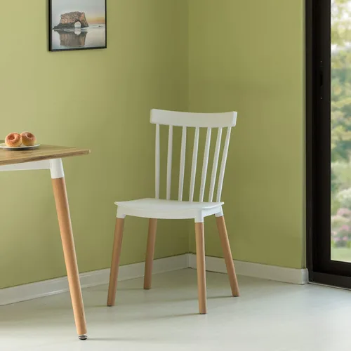 Vista 2 de Fabulaxe Silla de comedor de plástico moderna diseño Windsor con patas de madera de haya, color blanco juego de 2
