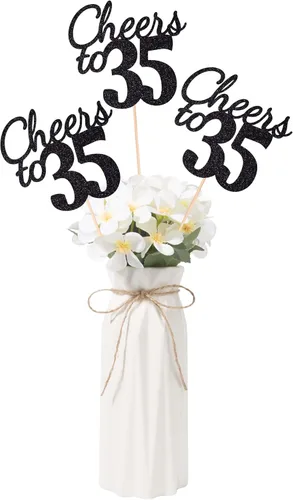 Vista 46 de Gexolenu Cheers to 21, paquete de 10 centros de mesa con purpurina dorada de doble cara para cumpleaños número 21 para mesas, palitos decorativos