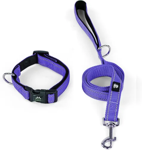 Vista 20 de IVY&LANE Juego de collar y correa reflectante para perro, collares de perro acolchados de neopreno ajustable para cachorros, collar de nailon