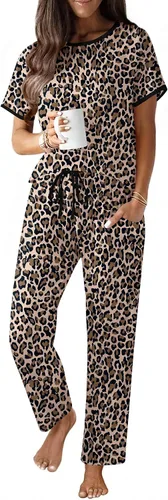 Vista 11 de Ekouaer - Conjunto de pijama de 100% algodón para mujer, manga corta, con pantalón largo, 2 piezas, juego de ropa para dormir con bolsillo