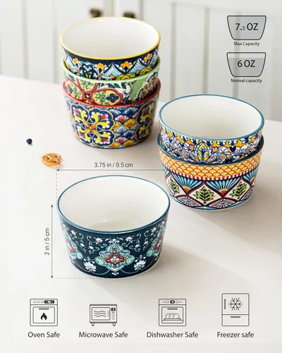 Vista 2 de 6 oz Ceramic Ramekins Set of 6, Boho Baking Cups & Dessert Dishes