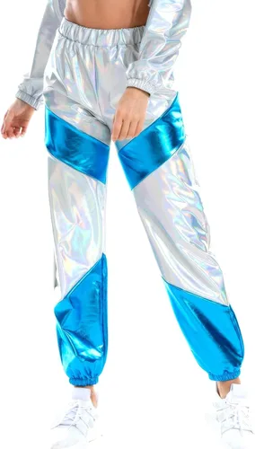 Vista 3 de IDOPIP Pantalones deportivos metálicos brillantes para mujer con bloques de color holográficos cintura alta reflectantes para Halloween disfraz sexy
