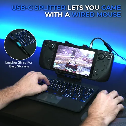 Vista 2 de DeckTop con divisor – Teclado Steam Deck y mouse Bluetooth Trackpad con accesorio LED multicolor para portátil Valve Linux PC Gaming Accesorios