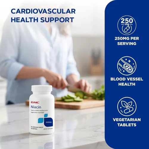 Vista 8 de GNC Niacina 250 mg, apoya la salud de los vasos sanguíneos, 100 tabletas vegetarianas