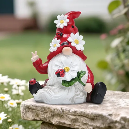 Vista 7 de Hodao Decoraciones de gnomos de primavera de mariquita para mesa del hogar, porche, jardín, patio, adornos de elfo de mariquita, decoración