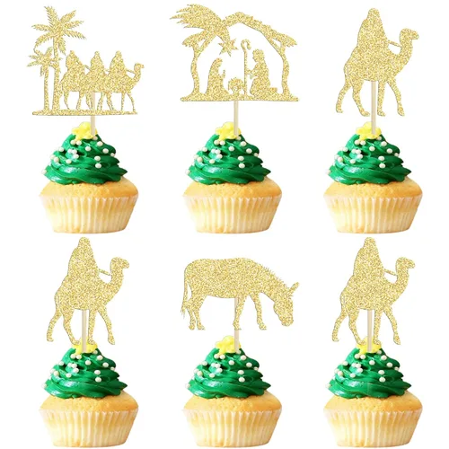 Vista 8 de Gyufise 24 piezas Adornos de pastel para revelación de género de Navidad con purpurina, sombrero navideño de Navidad, adorno de pastel de él o ella