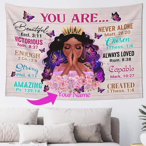 Vista 11 de QOQIOSOC Tapiz personalizado para mujer negra con nombre, tapiz para colgar en la pared de yoga afroamericano, meditación, tapiz para colgar
